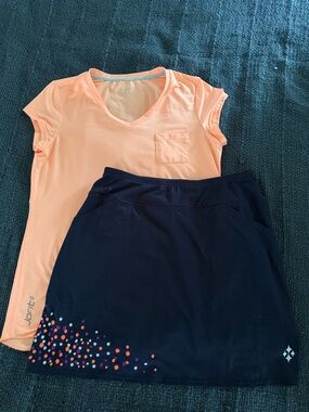JoFit Peach Active V-Neck Tee and Navy Athletic Skort